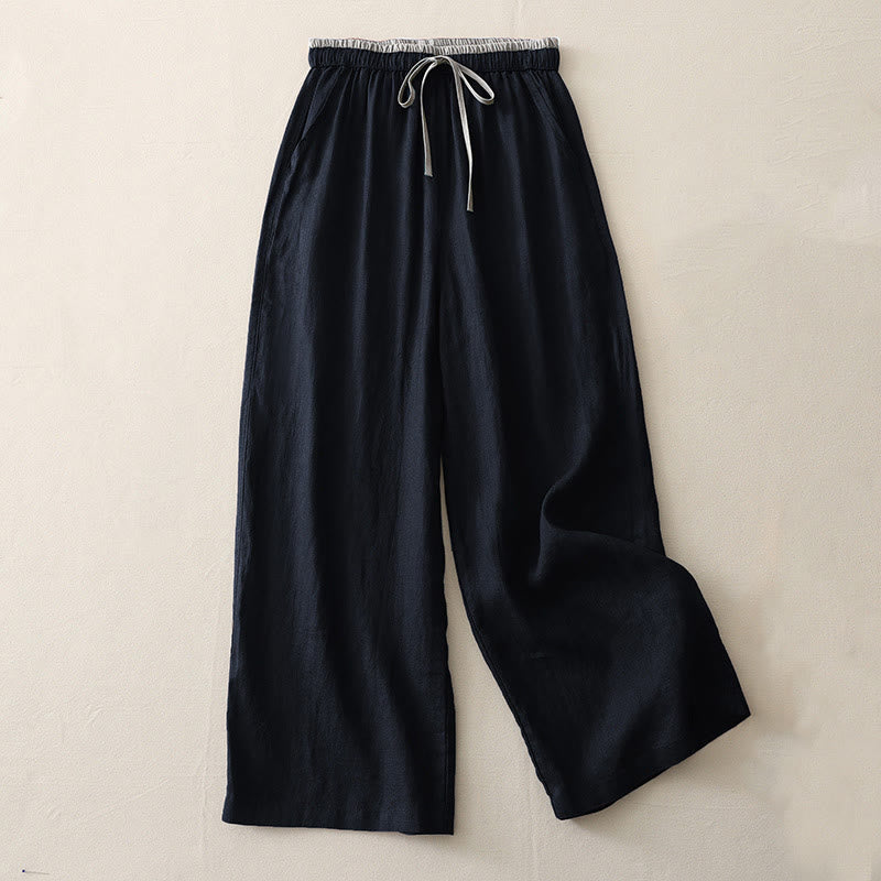 Casual Colorblock Drawstring Women's Cotton Wide Leg Pants With Pockets