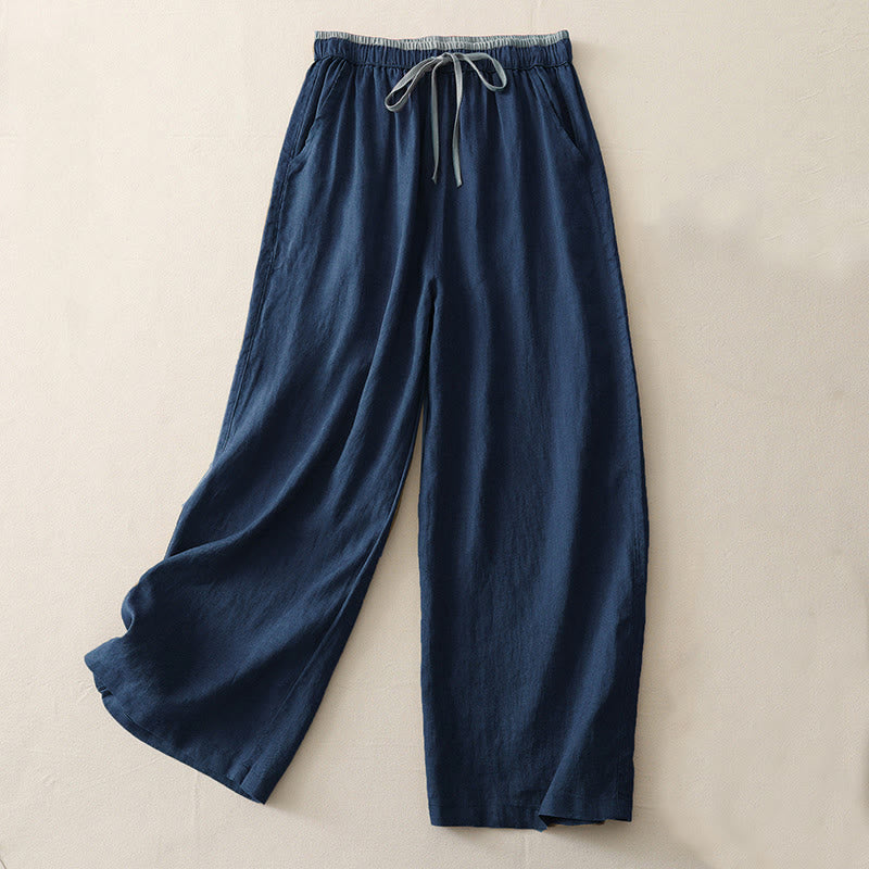 Casual Colorblock Drawstring Women's Cotton Wide Leg Pants With Pockets