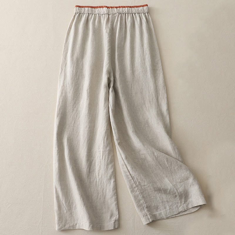 Casual Colorblock Drawstring Women's Cotton Wide Leg Pants With Pockets