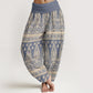 Pure Cotton Casual Feather Stripes Design Women's Elastic Waist Harem Pants