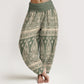 Pure Cotton Casual Feather Stripes Design Women's Elastic Waist Harem Pants