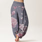 Pure Cotton Casual Bright Peony Flower Butterfly Women's Elastic Waist Harem Pants