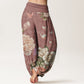 Pure Cotton Casual Bright Peony Flower Butterfly Women's Elastic Waist Harem Pants
