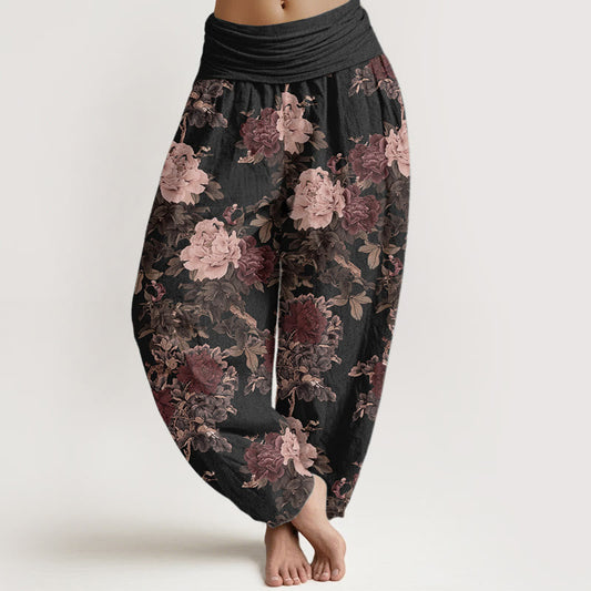 Pure Cotton Casual Lush Peony Flowers Leaf Pattern Women's Elastic Waist Harem Pants