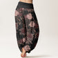 Pure Cotton Casual Lush Peony Flowers Leaf Pattern Women's Elastic Waist Harem Pants