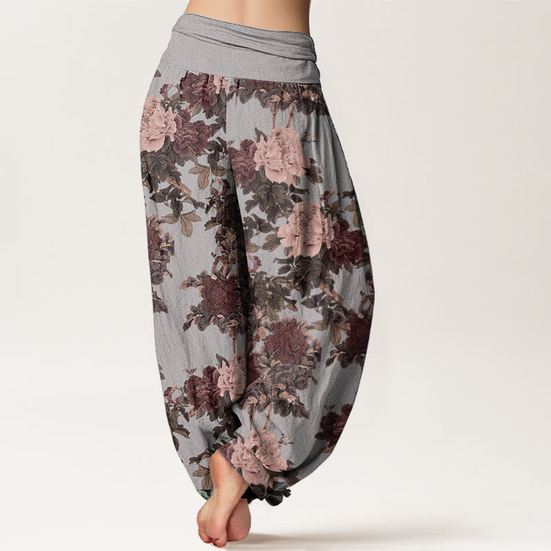 Pure Cotton Casual Lush Peony Flowers Leaf Pattern Women's Elastic Waist Harem Pants