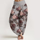Pure Cotton Casual Lush Peony Flowers Leaf Pattern Women's Elastic Waist Harem Pants