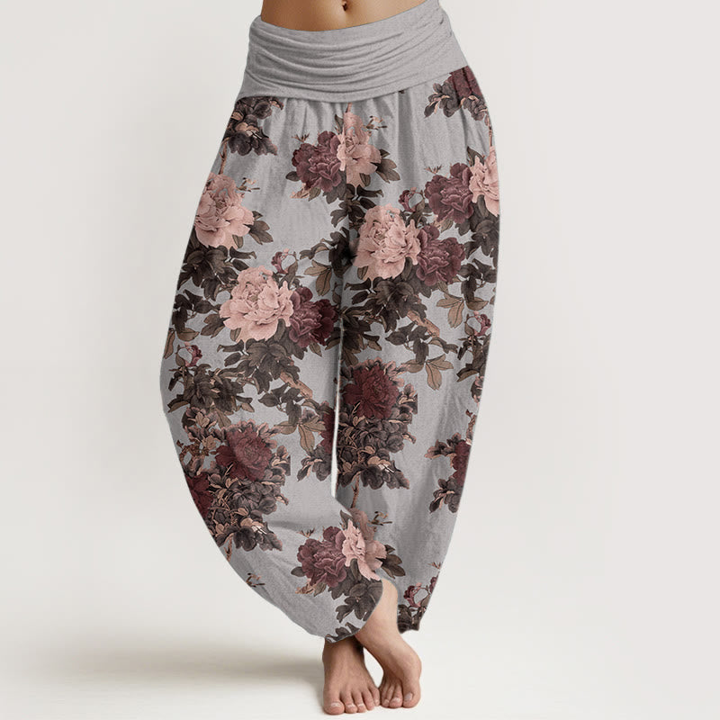 Pure Cotton Casual Lush Peony Flowers Leaf Pattern Women's Elastic Waist Harem Pants