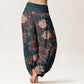 Pure Cotton Casual Lush Peony Flowers Leaf Pattern Women's Elastic Waist Harem Pants