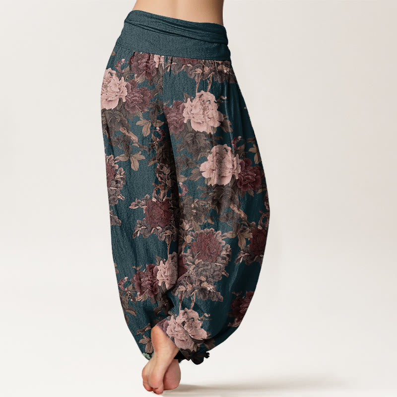 Pure Cotton Casual Lush Peony Flowers Leaf Pattern Women's Elastic Waist Harem Pants