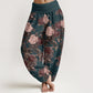 Pure Cotton Casual Lush Peony Flowers Leaf Pattern Women's Elastic Waist Harem Pants