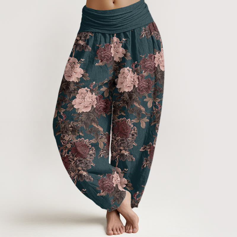 Pure Cotton Casual Lush Peony Flowers Leaf Pattern Women's Elastic Waist Harem Pants
