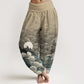 Pure Cotton Casual Wave Moon Mountain Pattern Women's Elastic Waist Harem Pants