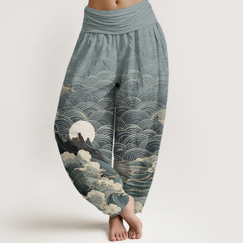 Pure Cotton Casual Wave Moon Mountain Pattern Women's Elastic Waist Harem Pants