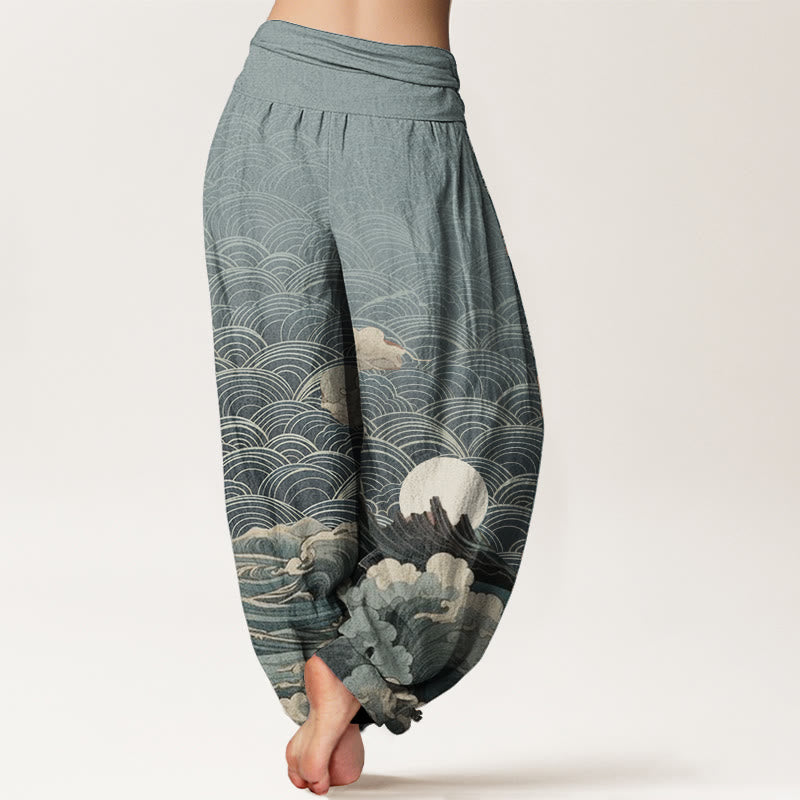 Pure Cotton Casual Wave Moon Mountain Pattern Women's Elastic Waist Harem Pants