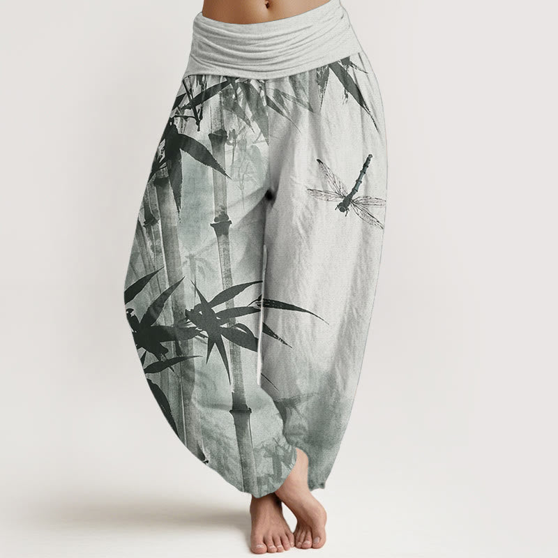 Pure Cotton Casual Bamboo Leaves Dragonfly Pattern Women's Elastic Waist Harem Pants