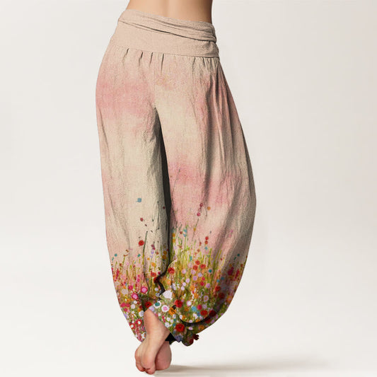 Cotton Casual Colorful Wildflower Field Pattern Women's Elastic Waist Harem Pants
