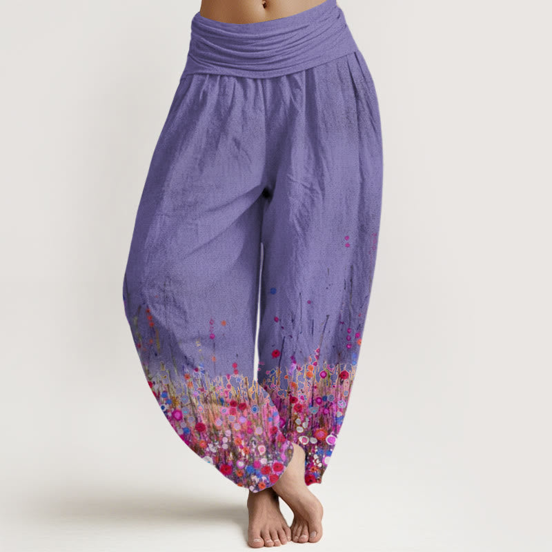 Cotton Casual Colorful Wildflower Field Pattern Women's Elastic Waist Harem Pants