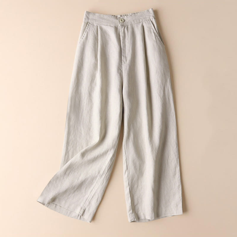 Commute Solid Color Drawstring 7-8 Length Cotton Linen Women's Wide Leg Pants With Pockets