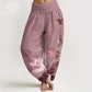 Cotton Pink Lotus Leaves Bird Pattern Women's Elastic Waist Harem Pants