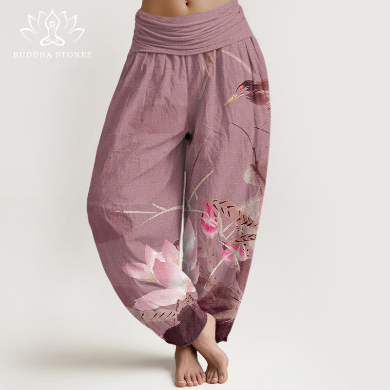 Cotton Pink Lotus Leaves Bird Pattern Women's Elastic Waist Harem Pants