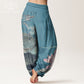 Cotton Pink Lotus Leaves Bird Pattern Women's Elastic Waist Harem Pants