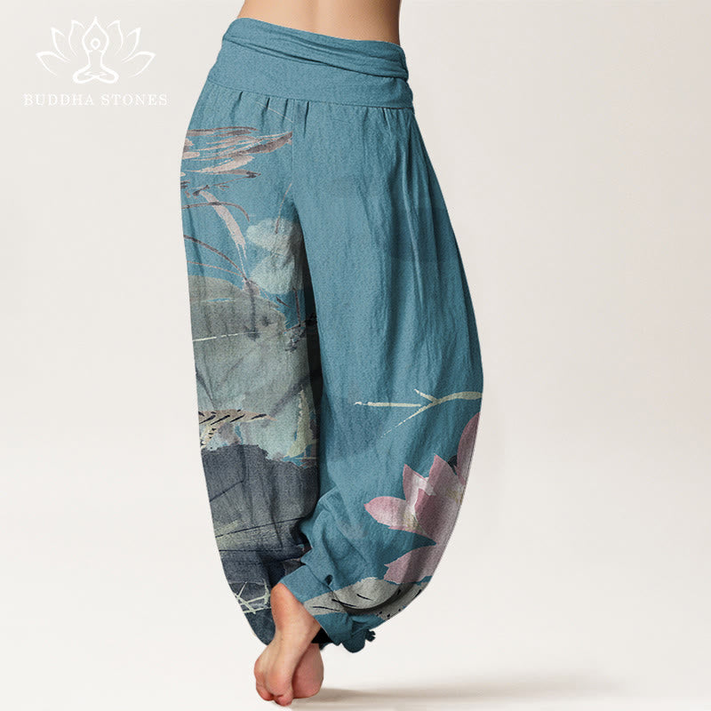 Cotton Pink Lotus Leaves Bird Pattern Women's Elastic Waist Harem Pants