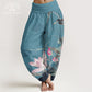 Cotton Pink Lotus Leaves Bird Pattern Women's Elastic Waist Harem Pants