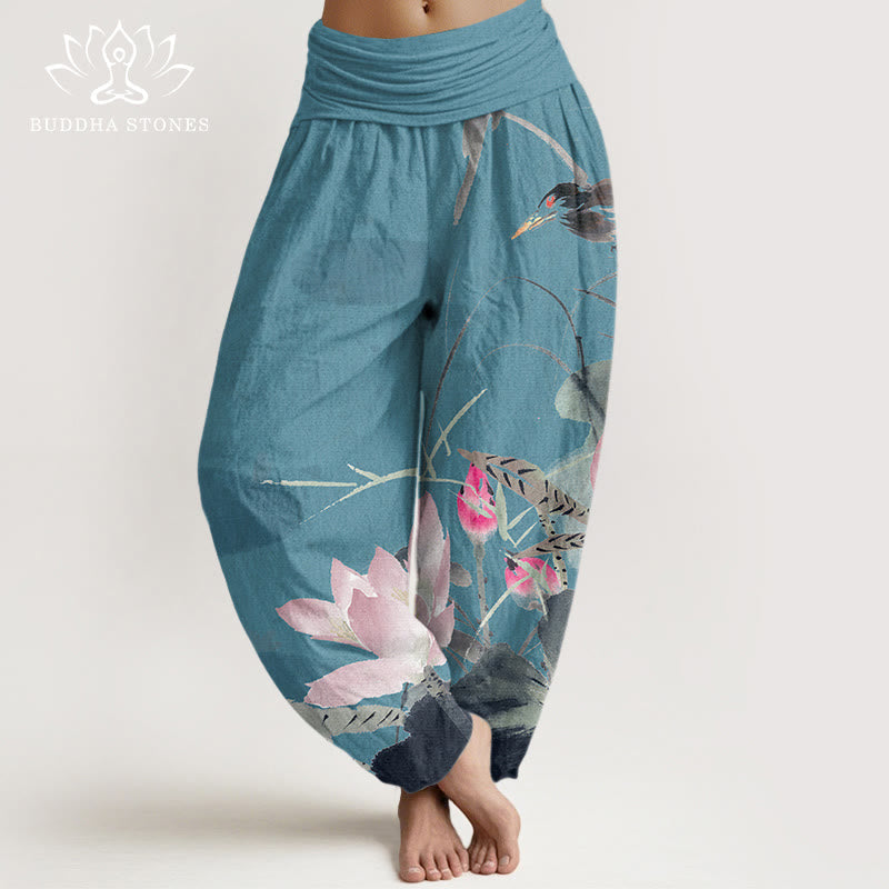 Cotton Pink Lotus Leaves Bird Pattern Women's Elastic Waist Harem Pants