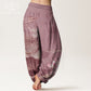 Cotton Pink Lotus Leaves Bird Pattern Women's Elastic Waist Harem Pants