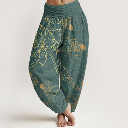 Pure Cotton Lotus Leaf Koi Fish Women's Elastic Waist Harem Pants