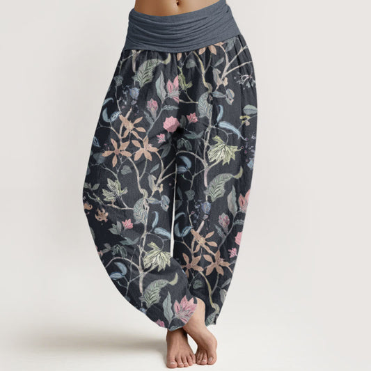 Pure Cotton Floral Leaf Vine Design Women's Elastic Waist Harem Pants