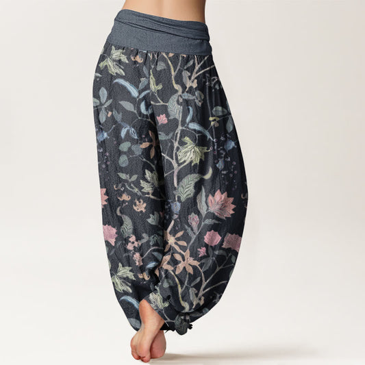 Pure Cotton Floral Leaf Vine Design Women's Elastic Waist Harem Pants