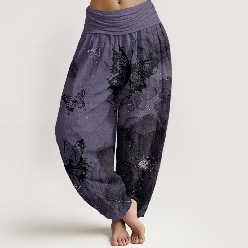 Pure Cotton Butterfly Flowers Pattern Women's Elastic Waist Harem Pants