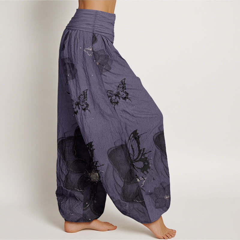 Pure Cotton Butterfly Flowers Pattern Women's Elastic Waist Harem Pants