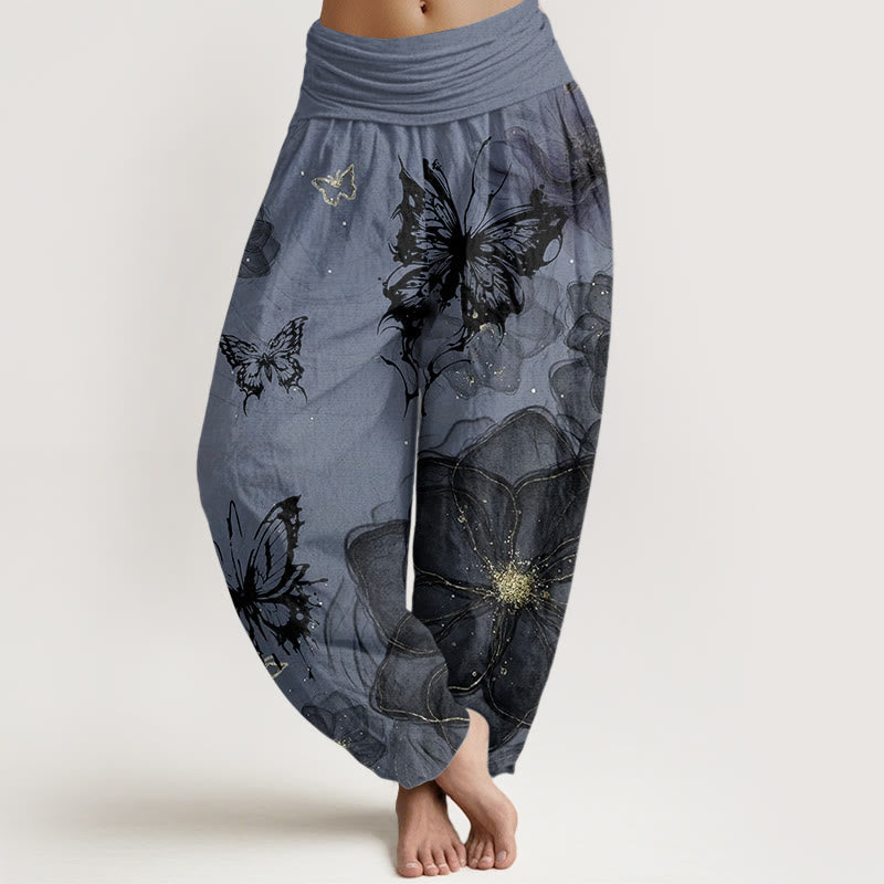 Pure Cotton Butterfly Flowers Pattern Women's Elastic Waist Harem Pants