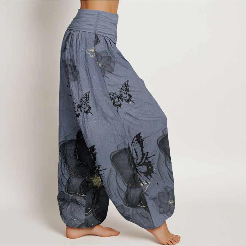 Pure Cotton Butterfly Flowers Pattern Women's Elastic Waist Harem Pants