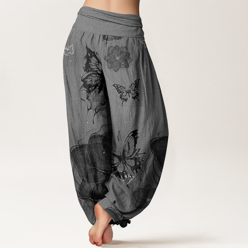 Pure Cotton Butterfly Flowers Pattern Women's Elastic Waist Harem Pants