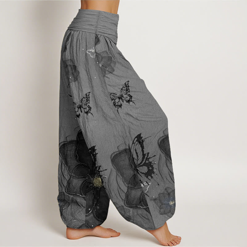 Pure Cotton Butterfly Flowers Pattern Women's Elastic Waist Harem Pants