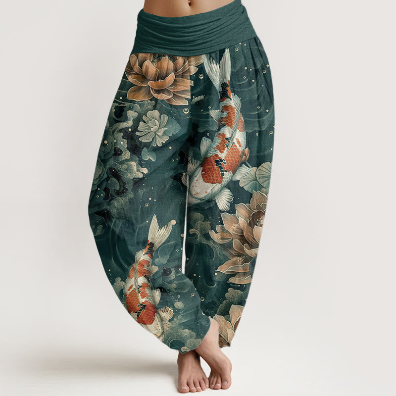 Pure Cotton Colorful Koi Fish Lotus Flowers Design Women's Elastic Waist Harem Pants