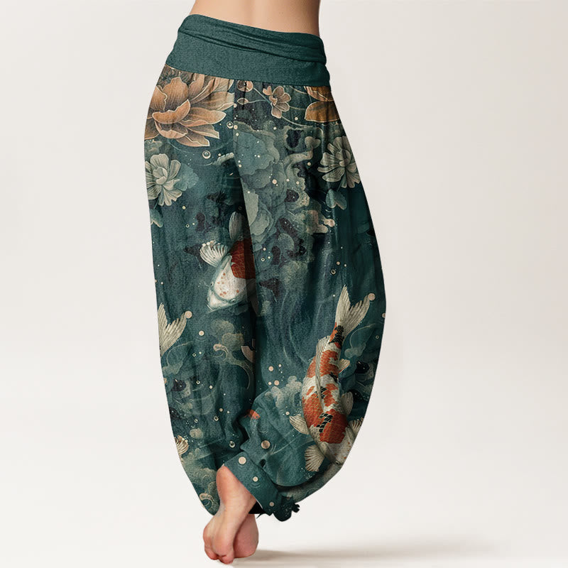 Pure Cotton Colorful Koi Fish Lotus Flowers Design Women's Elastic Waist Harem Pants
