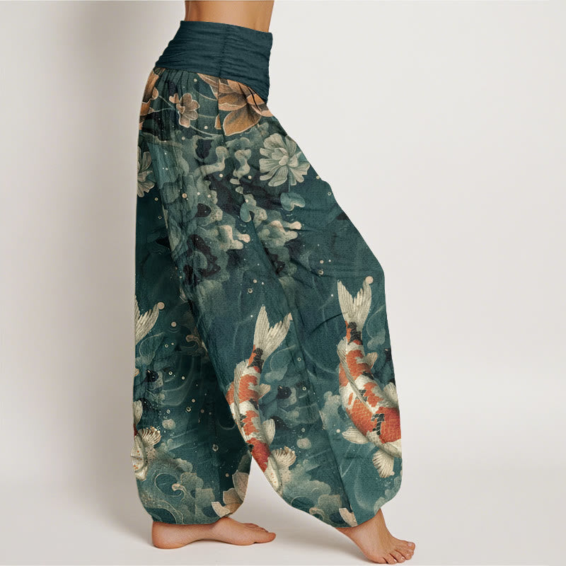 Pure Cotton Colorful Koi Fish Lotus Flowers Design Women's Elastic Waist Harem Pants