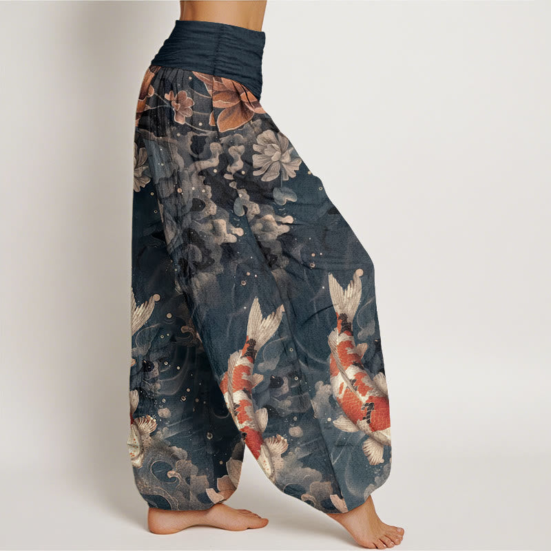 Pure Cotton Colorful Koi Fish Lotus Flowers Design Women's Elastic Waist Harem Pants