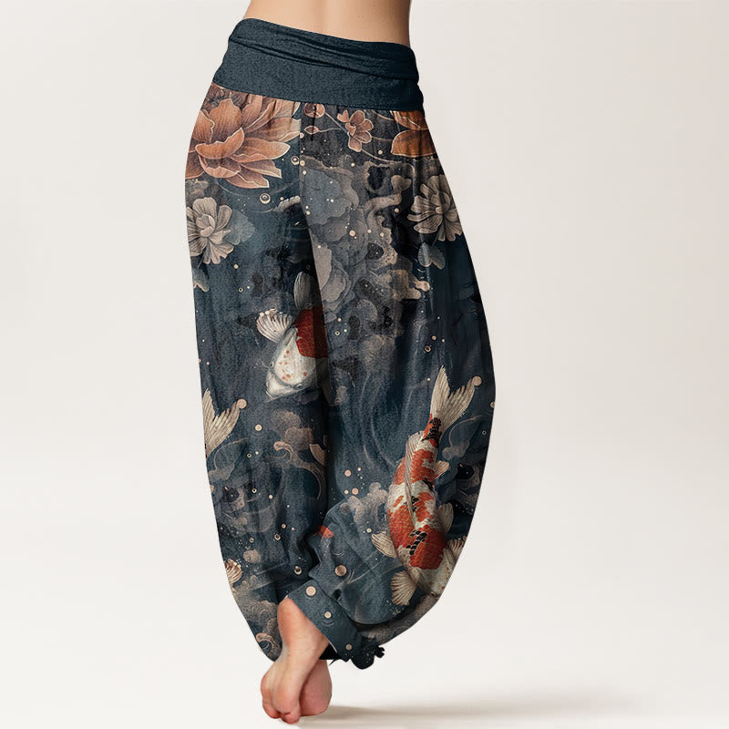 Pure Cotton Colorful Koi Fish Lotus Flowers Design Women's Elastic Waist Harem Pants