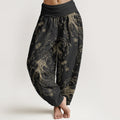 Pure Cotton Casual Koi Fish Waves And Petal Line Pattern Women's Elastic Waist Harem Pants