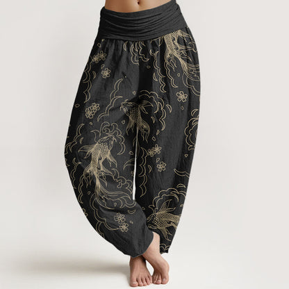 Pure Cotton Casual Koi Fish Waves And Petal Line Pattern Women's Elastic Waist Harem Pants