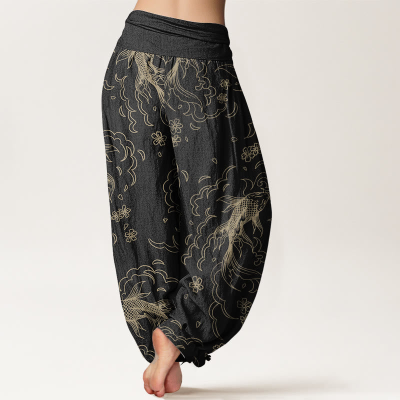 Pure Cotton Casual Koi Fish Waves And Petal Line Pattern Women's Elastic Waist Harem Pants
