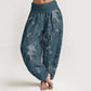 Pure Cotton Casual Koi Fish Waves And Petal Line Pattern Women's Elastic Waist Harem Pants