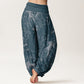 Pure Cotton Casual Koi Fish Waves And Petal Line Pattern Women's Elastic Waist Harem Pants