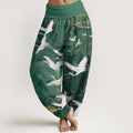 Pure Cotton Flying White Cranes Auspicious Clouds Design Women's Elastic Waist Harem Pants